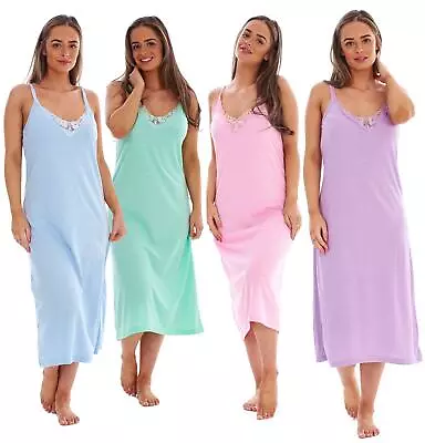 Women Strap Nightdress 100%Cotton Lace Polka Dot Print Long Soft Comfort Nightie • £9.95