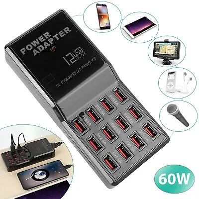 Multi 12 Port USB Charging Station Hub Wall Desktop Cell Phone Charger Organizer • $17.53