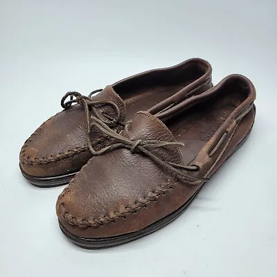 Minnetonka Moccasins Mens 11.5 Brown Leather Shoes Driving Boat Slippers Slip On • $20.24