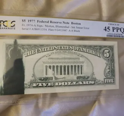 ERROR 1977 $5 Five Dollar Federal Reserve Note  MAJOR INK SMEAR - PCGS 45 PPQ! • $400