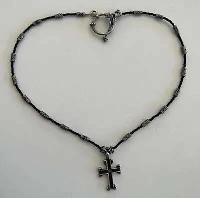 Vintage Sterling Silver Cross & Black Choker W/Bar & Ring Toggle Clasp • $21.99