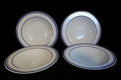 SET OF 4 Mikasa Cera Stone BLUE NB 500 Rim Soup Bowls 8 3/8  White Blue Trim • $24.99
