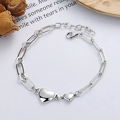 Solid 925 Sterling Silver Women Heart Square Cable Link Chain Bracelet   • $30