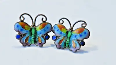 Chinese Cloisonne Enamel Brass Butterfly Earrings Stud Backs Vintage 1930s • $38