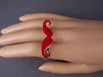 Gold Red Mustache Double 2 Two Finger Cocktail Ring Moustache Handle Bar • $11.01