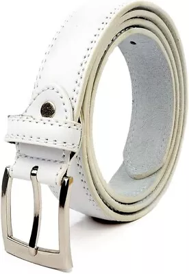 Woodland Leather Men's Genuine Leather Lined Belt Classic White Silver Buckle  • £4.80