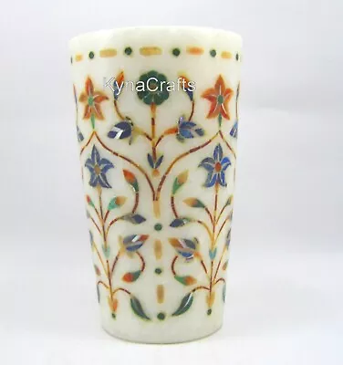 5 Inches White Marble Flower Pot Semi Precious Stone Inlay Work Hotel Decor Vase • $121.50