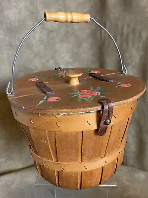 Vtg Small Bushel Basket With Lid Handle Purse Sewing Basket  • $14.99