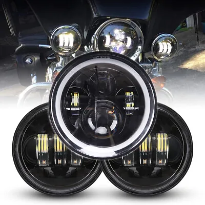 Motorcycle 7  LED Headlight 4  Fog Light Ring Angel Eye DRL Amber Turn Signal • $99.99