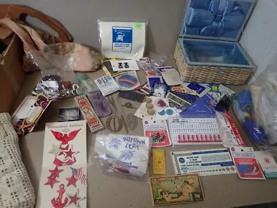 Vintage Sewing Notions Lot Yarn Buttons Cross Stitch Fabric Needles Gizmos Etc • $34.99
