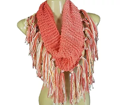 NEW Hand Knitted Coral Ombre Infinity Boho Cowl Scarf Fringe Knit Handmade Gift • $30.79