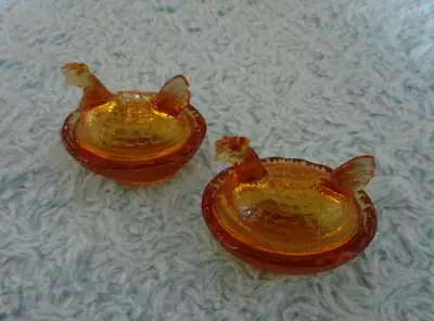 Amber Glass Mini Hen On The Nest Lidded Chicken Salts Set/2 VGC • $15