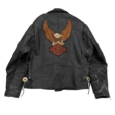 Vintage Leather Motorcycle Jacket Distressed- LARGE - Harley Davidson Patch • $147.99