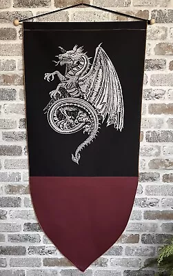 CELTIC DRAGON Heraldic Banner Flag  Medieval Black Burgundy Silver • $24