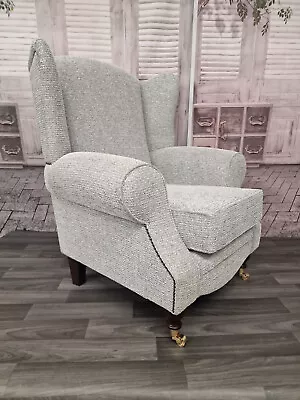 Wing Back Queen Anne Cottage Chair - Grey & Silver Shimmer Fabric - Wood Legs • £275