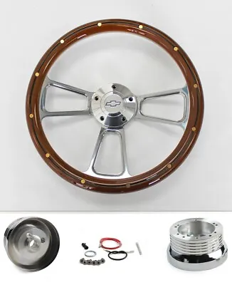 Nova Chevelle Mahogany Steering Wheel With Rivets Billet 14  Chevy Bowtie Cap • $232.29