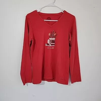 Life Is Good Crusher Tee Shirt Womens Medium Red Long Sleeve Pullover V-Neck • £13.29