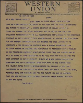 Elvis Presley Repro 1955 Telegram To Elvis Parents Re Rca Recording Contract  • $10.09