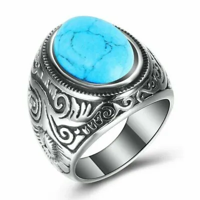 Vintage Native Indian Mens Oval Turquoise Ring Stainless Steel Size 7-15 Gift • $11.89