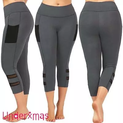 Plus Size Women Gym Leggings Sports Cropped 3/4 Length Stretch Yoga Capri Pants • £2.99