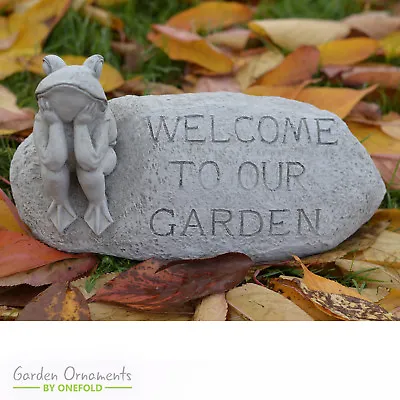 Welcome Sign Frog Toad Hand Cast Stone Outdoor Garden Ornament Home Gift Idea • £49.90