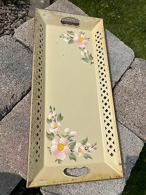 Vintage Hand Painted Metal Tole Tray With Handles Floral Pink/Green 22 X10  • $35.87