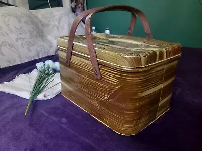 Vintage 1950's Metal Tin Picnic Basket Wood Handles Faux Bois Design. D-245 • $25