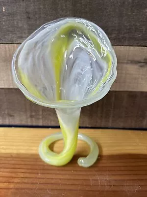 Vintage Sooner Art Glass Trumpet Vase Coil Base Yellow White Swirl 10” • $55