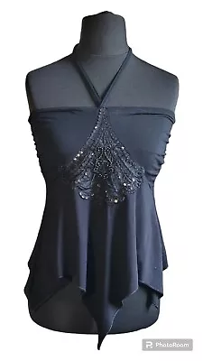 £6 • Buy HEADGIRL Y2k Handkerchief Hem Halterneck Vest Top Sequins Embroidery  12