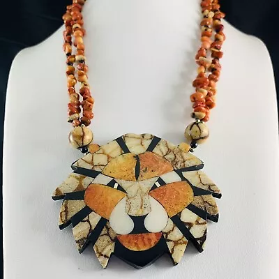 Vintage 1980s Lee Sands Lion Head Bold Inlaid Beaded Statement Necklace 21” • $59.99
