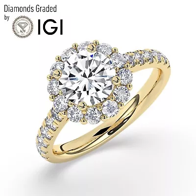 IGI2 CT Solitaire Lab-Grown Round Diamond Halo Engagement Ring18K Yellow Gold • £1994