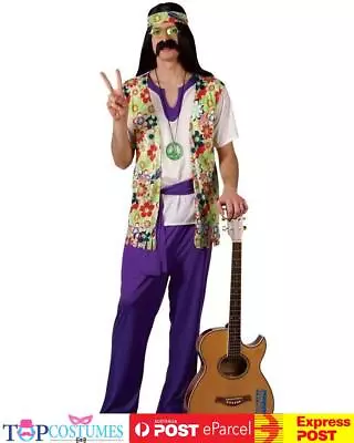 Hippie Mens 60's 70's Disco Peace Groovy Halloween Fancy Dress Up Costume • $48.11