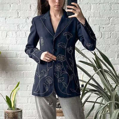 Moschino Couture Vintage 00s Navy Blue Blazer With Floral Embroidery 8 • $160