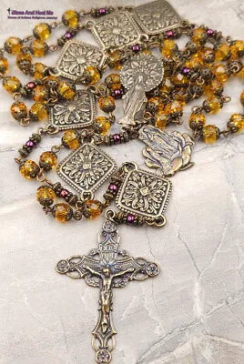 Miraculous Radiant Mary Lourdes Citrine Vintage Bronze Ornate Rosary • $189