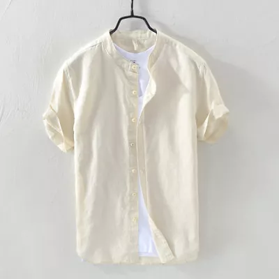 Summer Short Sleeve Mandarin Collar Shirt New Chinese Men Linen Cotton Shirts • $14.99