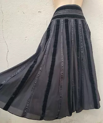 TU Black Lined Gypsy Boho Midi Skirt Full Velvet/Ribbon Trims Size 10 W30 L30 • £8.99