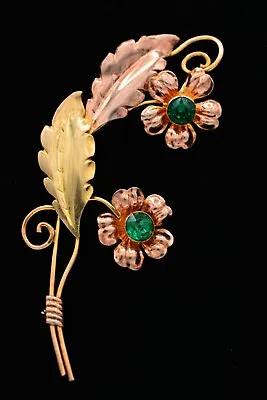 Van Dell Vintage Flower Pin Brooch Green Rhinestone Crystal Sterling Signed BinV • $26.36