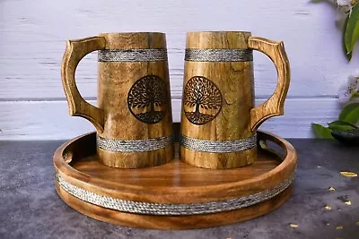 Handmade Beer Mug Wooden Viking Beer Wooden Tankard- Hand Engraved- Tree Of Life • $29.50