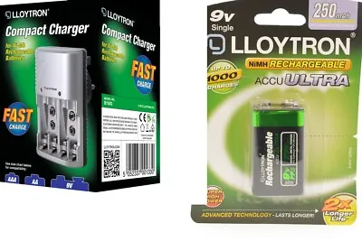 £11.99 • Buy Lloytron Mains Battery Charger + 1 X LLoytron PP3 9V 250 MAh Rechargeable Batts.