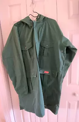 Coleman Green PVC Hooded Long Rain Coat Mens Size Large - Camping Fishing • $12.80