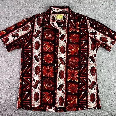 VTG UI Maikai Hawaiian Shirt Red Black Floral Tiki Print Cotton Beach Short L • $55