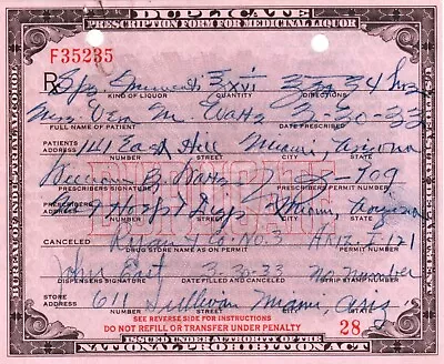 Antique 3/30/33 Prohibition Whisky Prescription Doctor Pharmacy Bar Miami AZ • $44.94