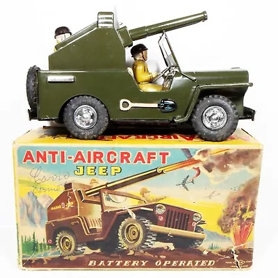 Vintage Nomura Battery Operated Tin Toy Anti-aircraft Jeep  11  Japan Works • $125