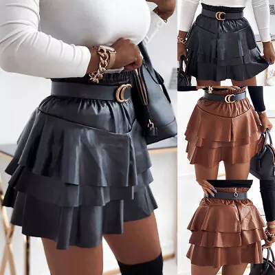 Women's PU Ruffle Dress Skirts Ladies Wet Look Faux Leather Bodycon Mini Skirt • £8.99