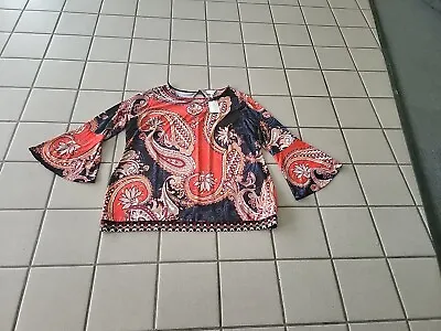 NWT Eci New York Women's Size 3X Blouse Bell Sleeves Paisley Orange Navy Reds • $19.99