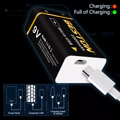 1000mAh 9V Li-ion Rechargeable Batteries 9-Volt USB Charging Battery Lot Black • $38.99