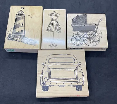 Rubber Stamp Lot Of 4 Lighthouse Wire Dress Form Vtg Baby Carriage Dad’s Truck • $15.75