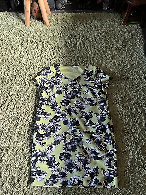 Ladies F&f  Flower Print Dress Lime & Black Size Adult 14 Fully Lined • £2.99