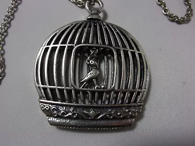 Vintage Silver Tone Bird Cage 28  Necklace/Pendant-w/Movement-Bird Moves Freely • $12.99