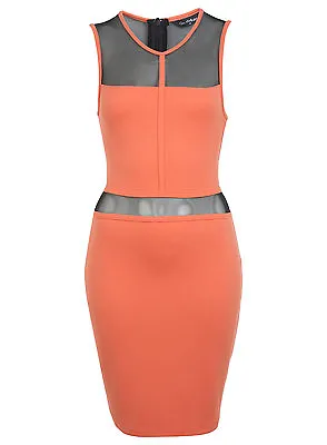 Miss Selfridge Coral Orange Mesh Panel Bodycon Dress 16 44 Ribbed Sleveless New • £28